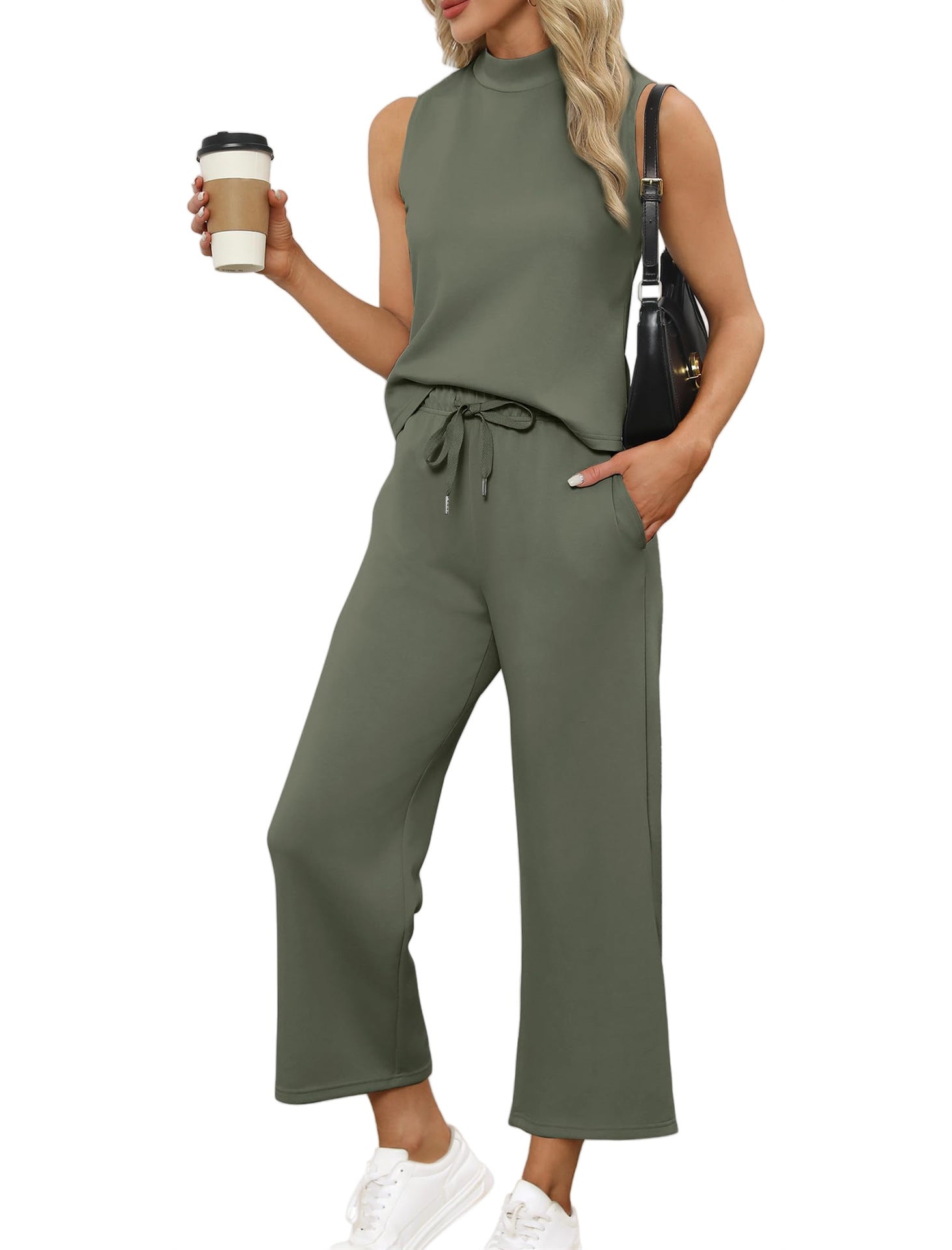 Casual Cropped Wide-Leg Pants Womens Set