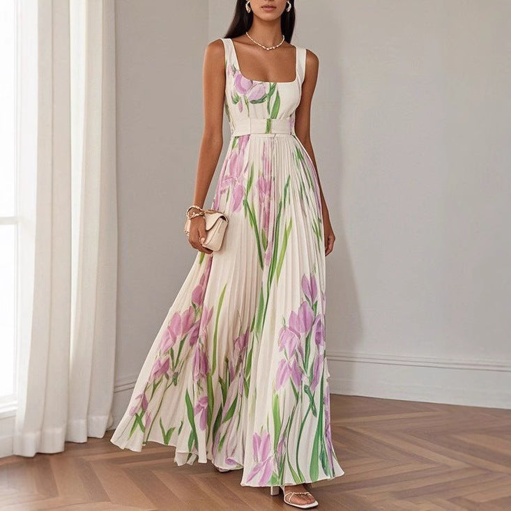 Floral Print Pleated Dress Summer A-Line