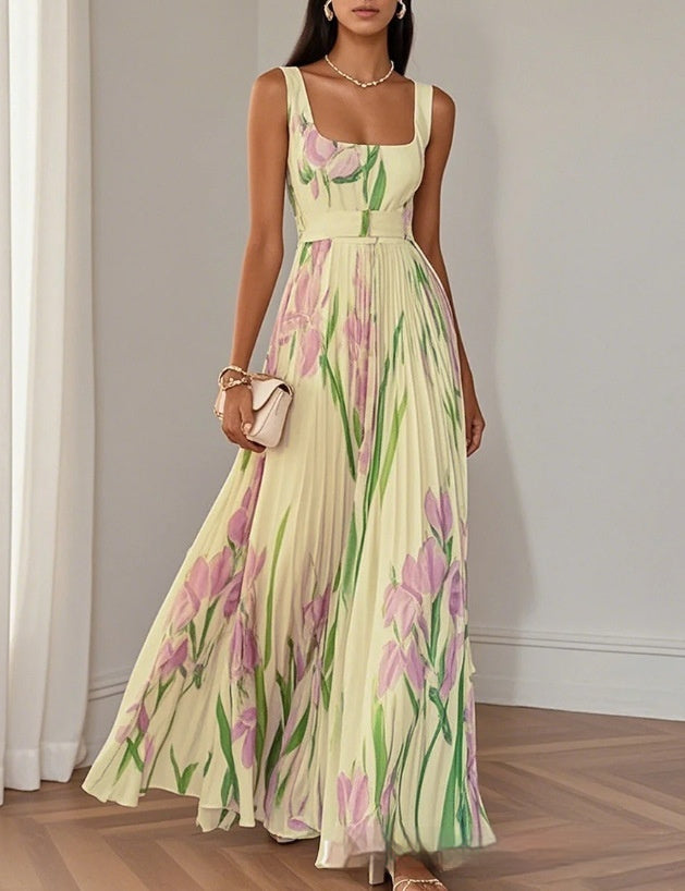 Floral Print Pleated Dress Summer A-Line