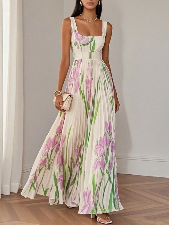 Floral Print Pleated Dress Summer A-Line