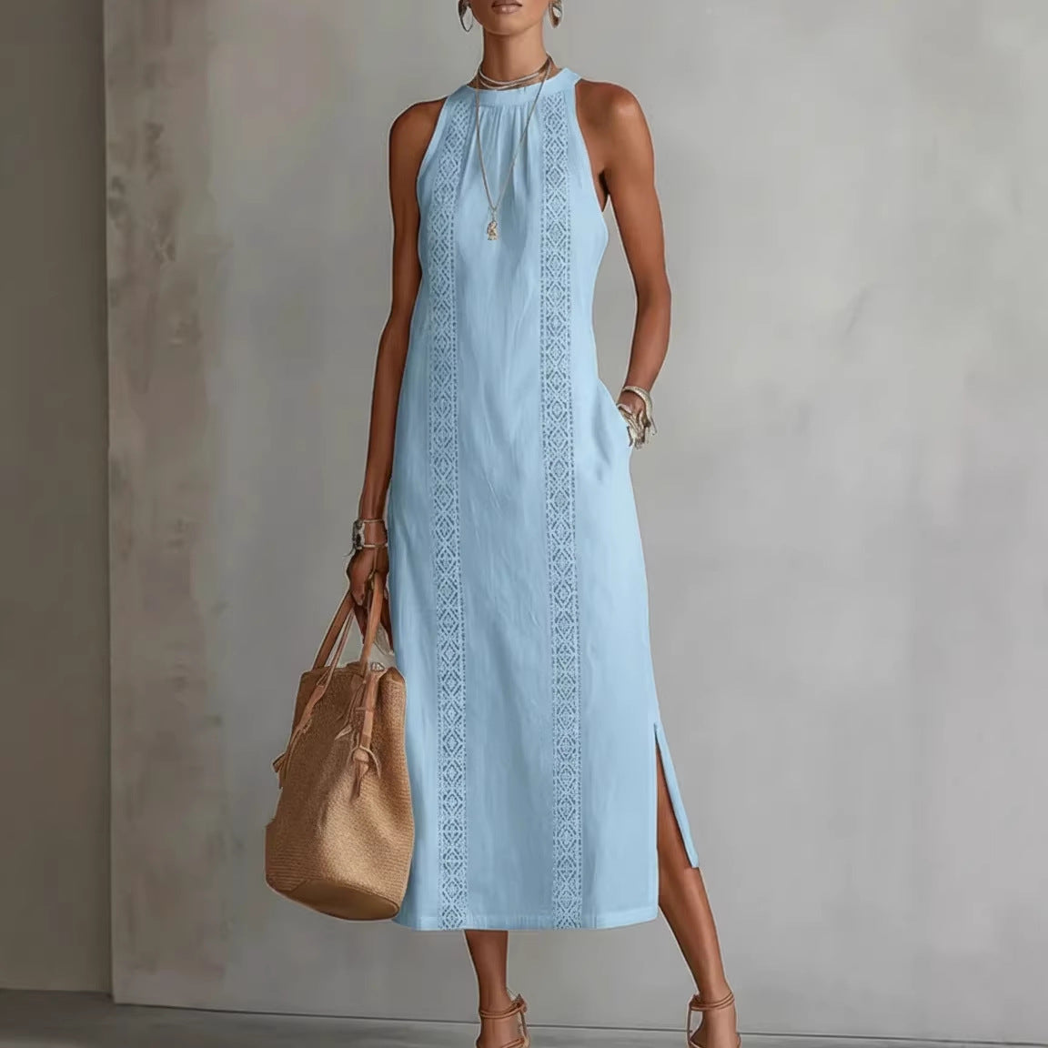 Women's Halter Neck Sleeveless Dress Lace Patchwork Style Summer